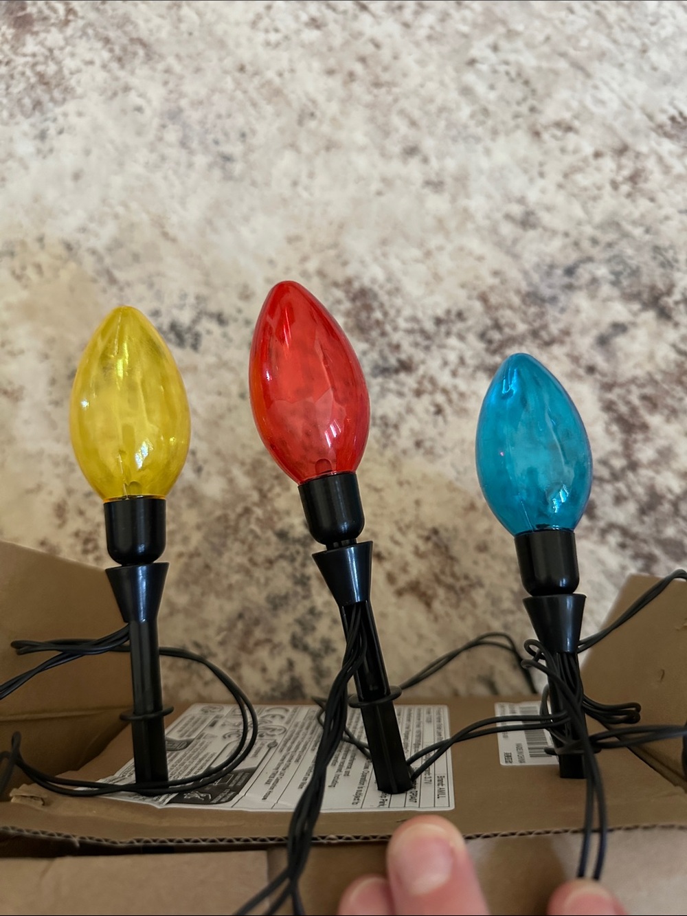 Multicolor C9 Bulb Outdoor Stake Lights - Yellow, Red, Blue and white.